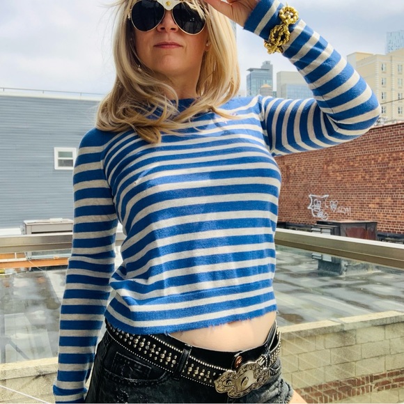 Zadig & Voltaire 100% Cashmere Striped Marina Distressed Tee Shirt Sweater Navy - Picture 12 of 16